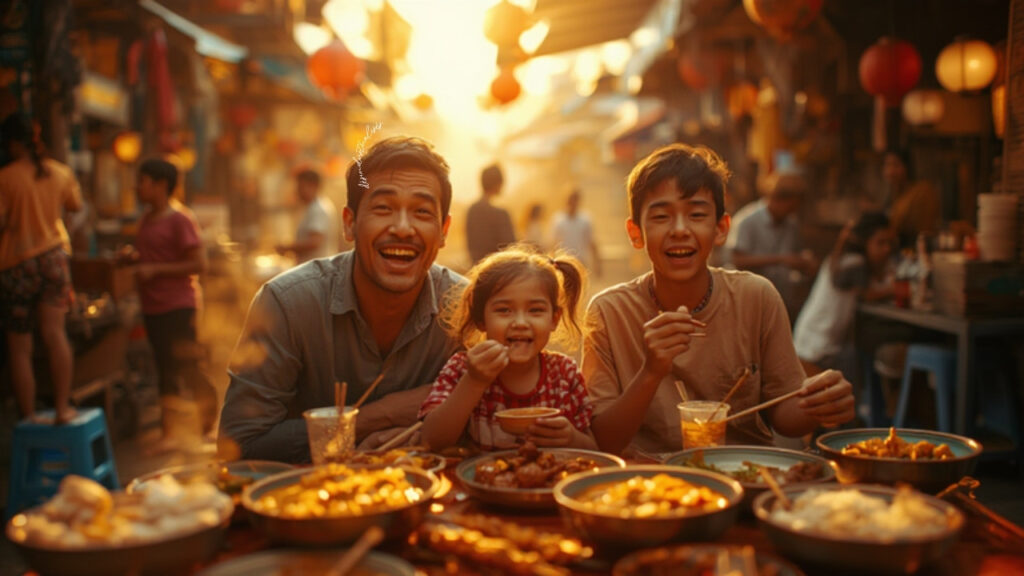 A family with three kids eating street food at a Southeast Asian hawker centre