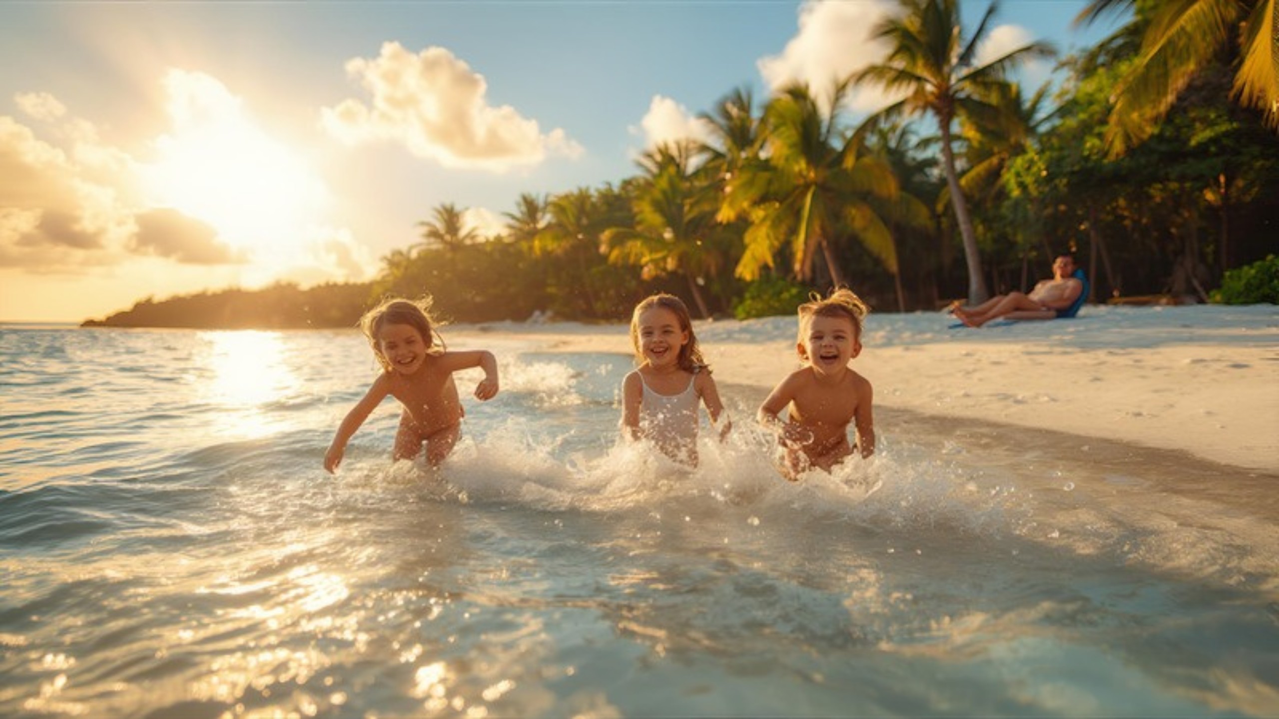 Family with kids on a turquoise lagoon beach in Mauritius