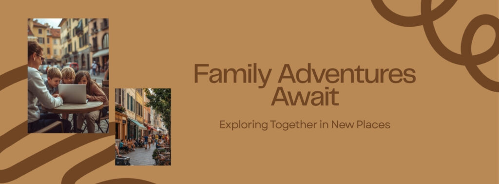 Parent using a laptop for AI trip planning at an outdoor cafe while kids look on curiously