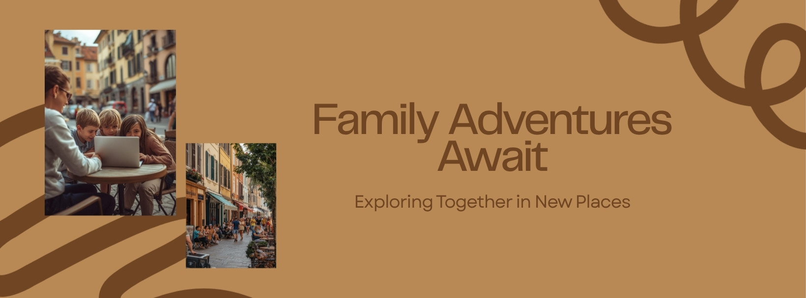 Parent using a laptop for AI trip planning at an outdoor cafe while kids look on curiously