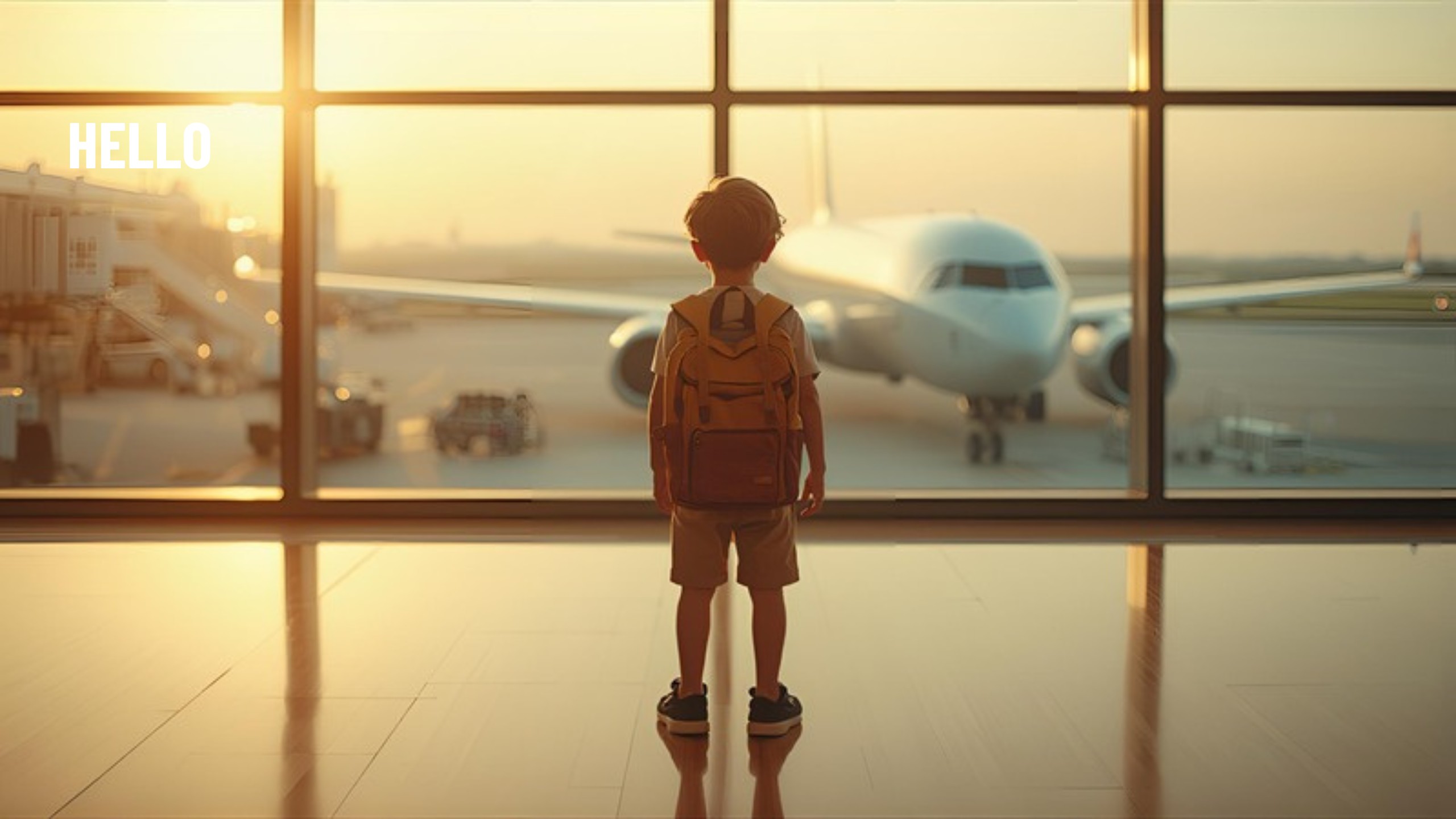 Child standing at airport gate with backpack looking out at airplane