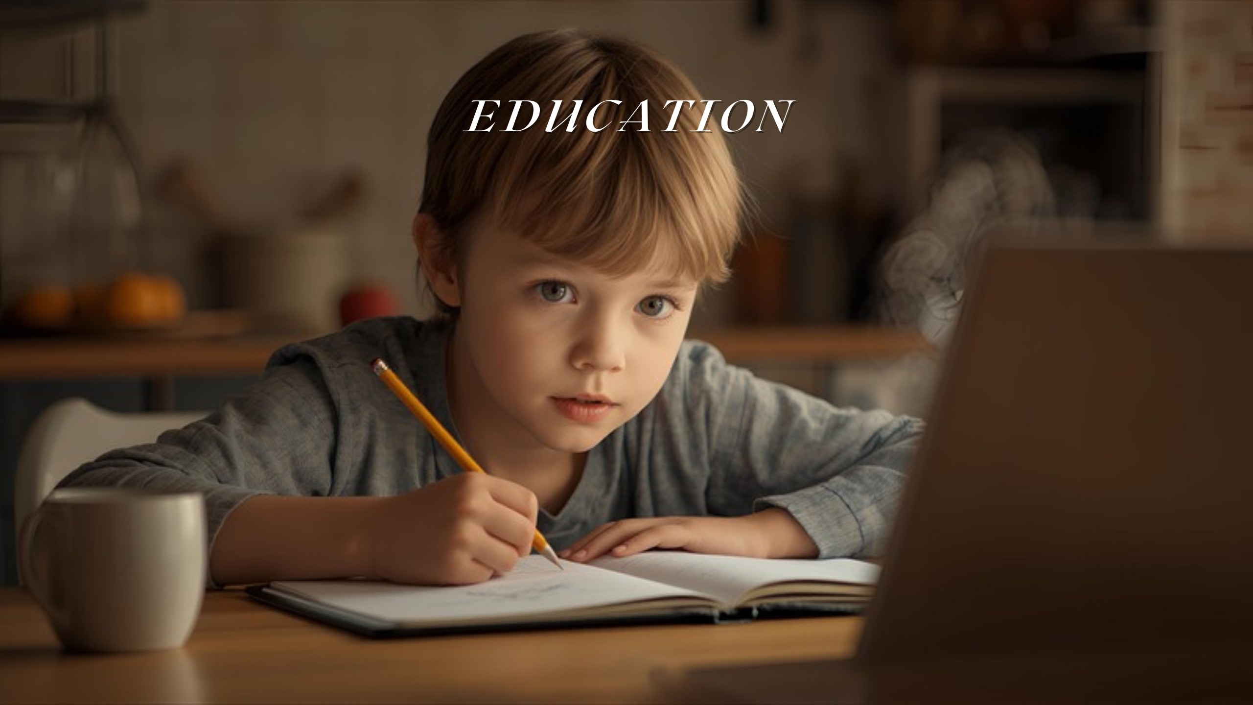 Child doing maths homework at kitchen table with tablet open beside them